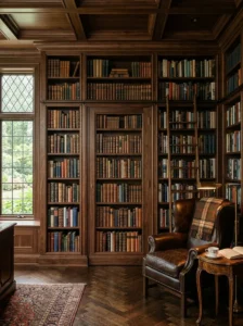 Home library wall with concealed storage behind shelving.