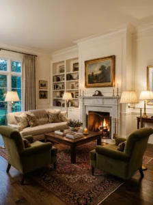 Traditional fireside seating arrangement in a classic living room
