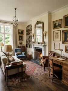 Antique and vintage furniture mixed with classic pieces in a living room