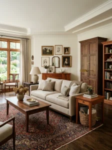 Warm wood furniture in a classic living room