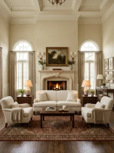 Symmetrical furniture arrangement in a classic living room