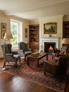 Traditional wingback and club chairs in a classic living room
