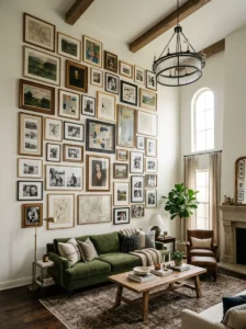 Tall gallery wall climbing the height of a living room.