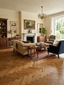 Warm herringbone wood flooring in a timeless classic living room
