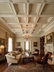 Coffered ceiling detail in an elegant classic living room