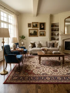 Persian-style statement rug anchoring a classic living room