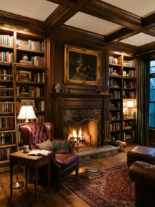Built-in bookshelves surrounding a fireplace in a home library.