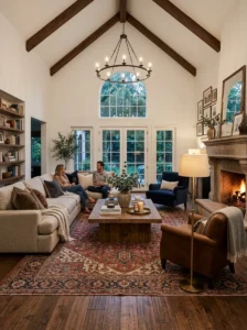 Cozy defined seating cluster in a spacious high-ceiling living room.