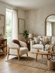 Budget living room featuring one premium accent chair.