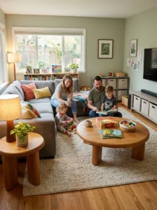 Rounded edge coffee table for family homes.