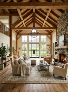 Exposed wood beams adding warmth to a high-ceiling living room.