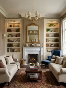 Built-in bookshelves flanking a fireplace in a classic living room