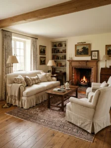Linen skirted sofa in a comfortable classic living room