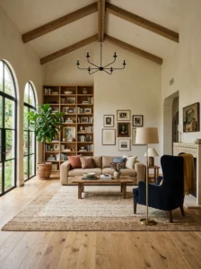 Mixed furniture heights creating balance in a tall living room.