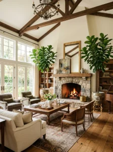 Large potted indoor trees adding scale to a high-ceiling living room.