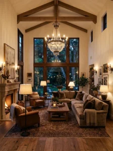 Layered lighting at multiple heights in a high-ceiling living room.