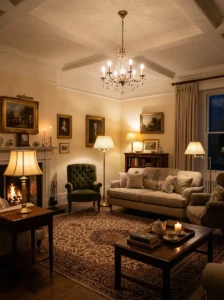 Layered table and floor lamps creating warm classic living room lighting