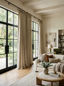 Floor-to-ceiling linen curtains creating a luxurious living room