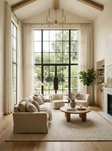 Floor-to-ceiling linen curtains emphasizing a tall living room.