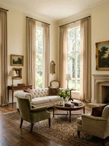 Floor-to-ceiling linen curtains in a classic living room
