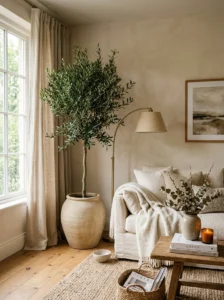 Living room decorated with a large olive tree.