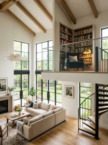Mezzanine reading nook overlooking a high-ceiling living room.