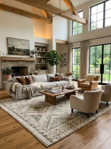 Large area rug grounding furniture in a high-ceiling living room.