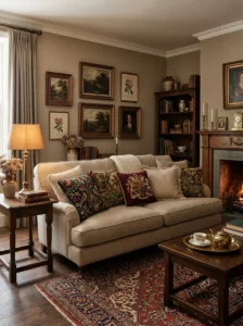 Traditional needlepoint and tapestry pillows on a classic sofa