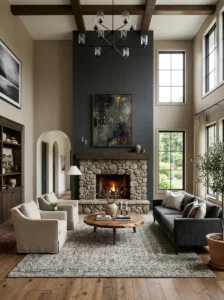 Dramatic charcoal focal wall in a high-ceiling living room.