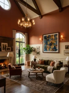 Warm textured wall color balancing the height of a living room.