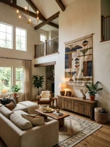 Large woven textile wall hanging softening a tall living room.