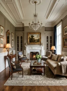 Classic crown molding and wall trim in a timeless living room