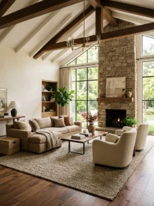 Warm walnut flooring grounding a high-ceiling living room.