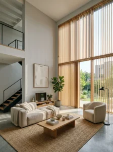 Vertical wood slatted shades emphasizing tall living-room windows.