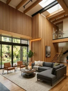 Vertical wood paneling accent wall in a tall living room.