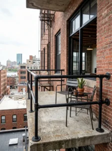 Industrial black pipe balcony railing on a loft-style home