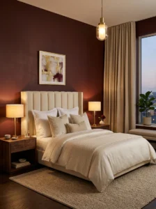 Bedroom with a deep burgundy accent wall and warm cream bedding.