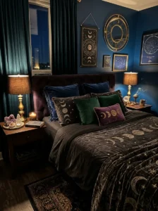 Celestial moon-phase bedding in a mystical bedroom.