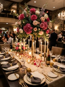 Celebration dining table with a dramatic floral centerpiece