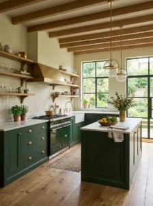 Deep forest green kitchen cabinets with brass accents