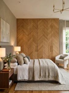 Chevron wood panel closet doors in an elegant bedroom