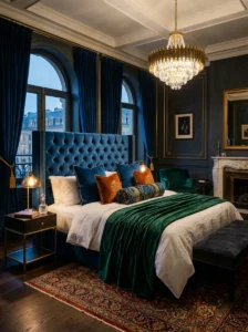 t: Velvet textiles adding luxury to a bedroom.