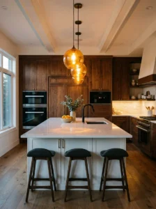 Amber glass pendant lights above a kitchen island.