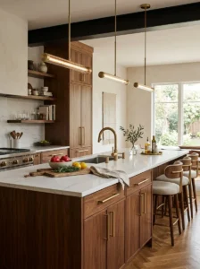 Kitchen island with matching brushed brass lighting and hardware.