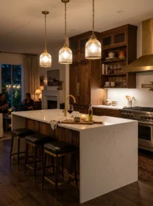 Kitchen island lighting controlled with dimmable pendant lights.