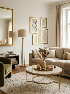 Living room with matching brushed brass accents.