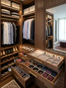 Pull-out drawer organizers inside a wardrobe.
