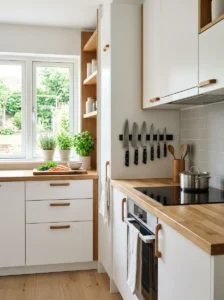 Small kitchen using a magnetic knife strip to save drawer space