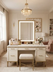 Elegant crystal chandelier adding glamorous ambient lighting to a beauty room.
