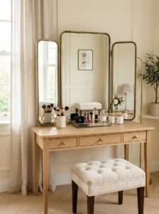 Beauty vanity with a tri-fold mirror for checking makeup and hair from multiple angles.